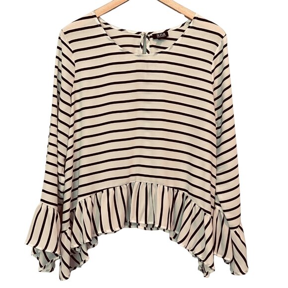 Chic Striped Ruffle Hem Blouse | Long Sleeve Flowy Top | Size Large - Picture 2 of 10